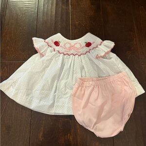 Southern smocked company “back to school apple/bow smocked dress and bloomers